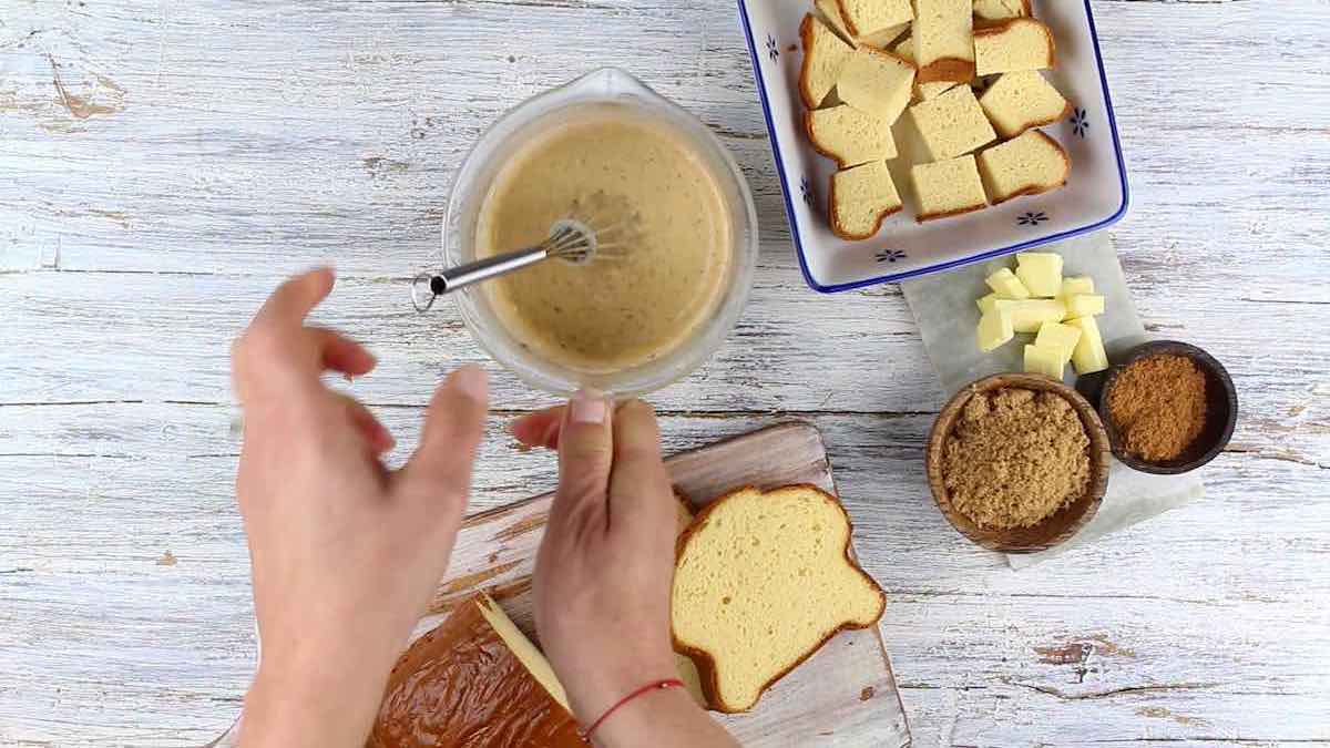 Gluten Free Brioche Casserole mixing the sauce.