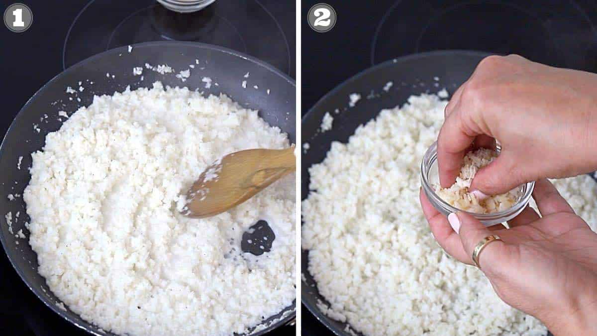 Coconut lime cauliflower rice cooking.