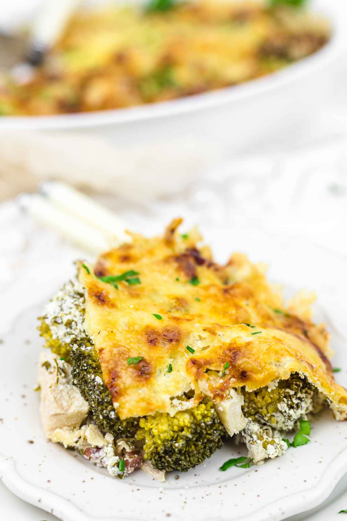 Chicken Broccoli Casserole piece served.