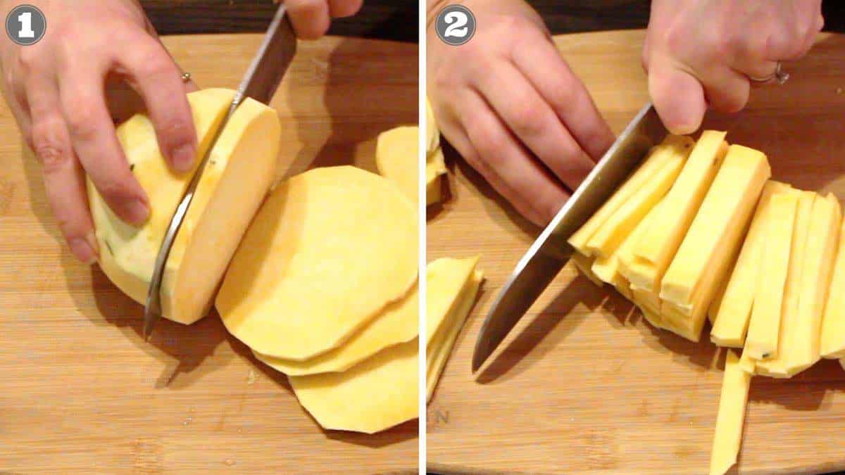 Healthy rutabaga fries cutting into shapes.