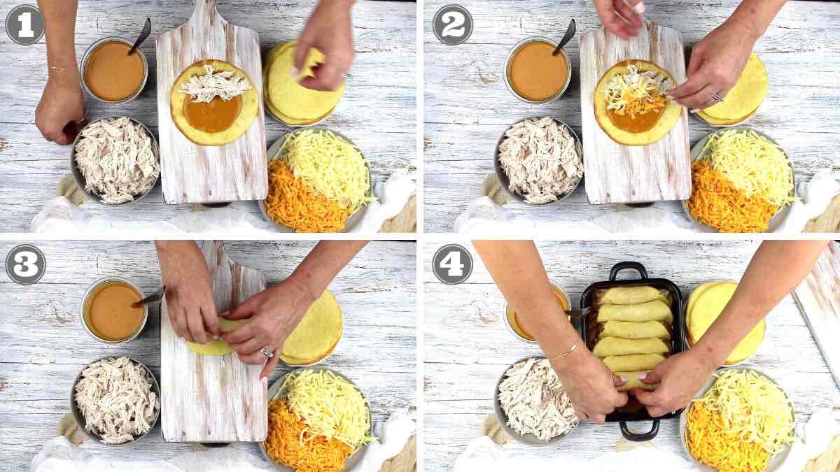 A series of photos showing the process of making a cheese enchiladas.