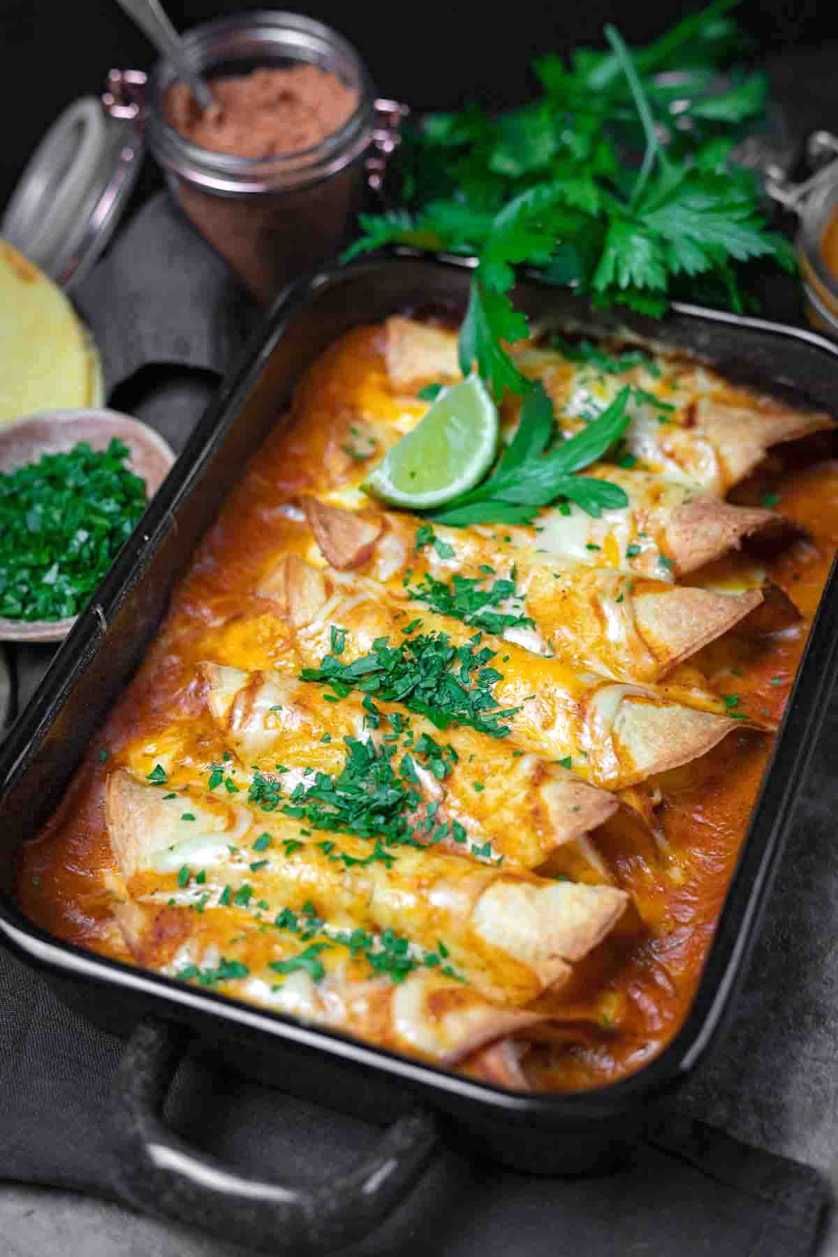 Gluten Free enchiladas in a baking dish.