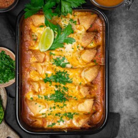 Mexican enchiladas in a baking dish.