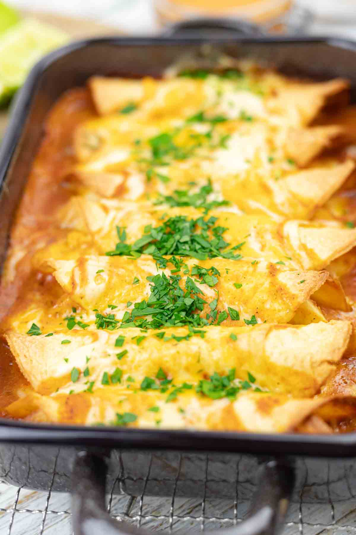 Mexican enchiladas in a baking dish.