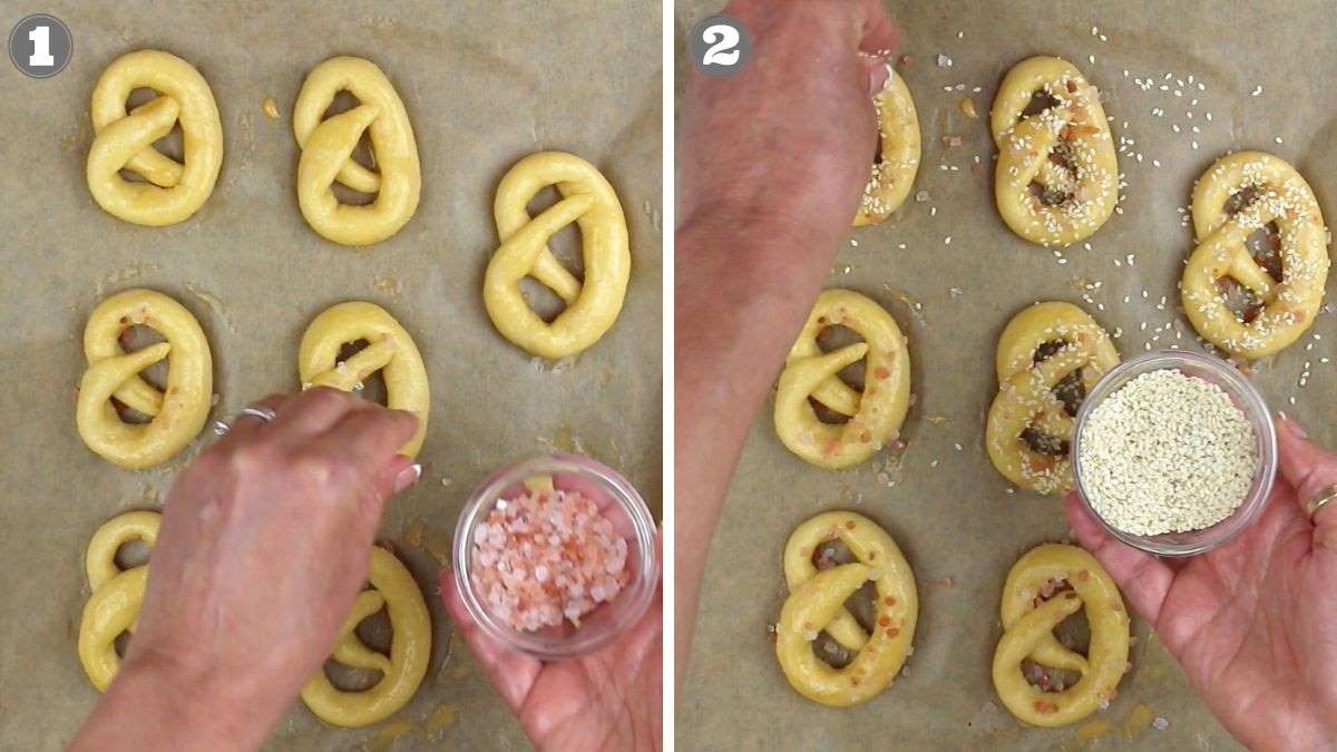 Two pictures showing how to make pretzels.