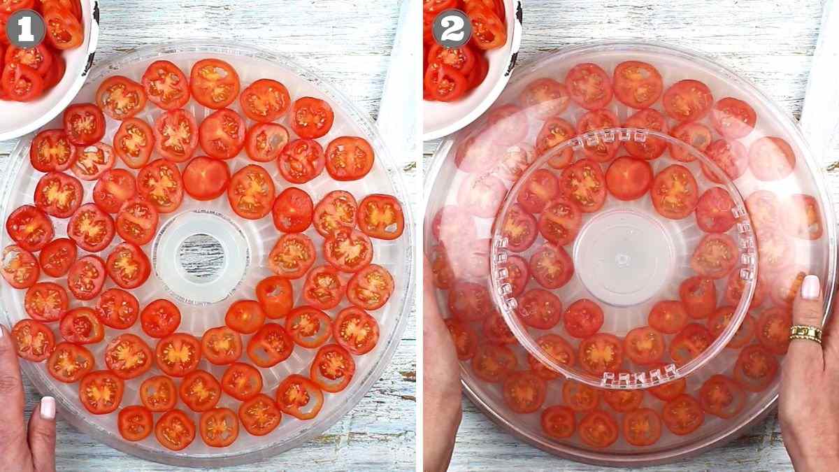 Layered tomato slices on a tray.