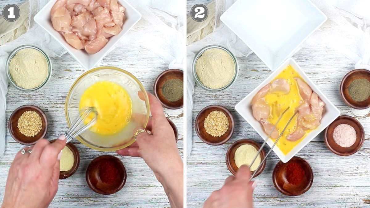 Two-step process for marinating chicken: Step 1 - whisking yolk mixture. Step 2 - coating chicken pieces in yolk mixture, surrounded by various spices and ingredients in small bowls.