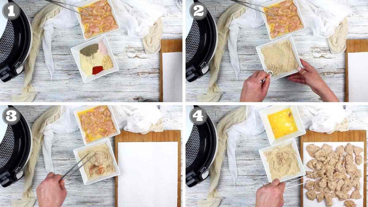 Step-by-step process of breading chicken. Image 1 shows chicken with spices; Image 2, dipping in flour; Image 3, coating in egg wash; Image 4, coating in breadcrumbs, ready to fry or bake.