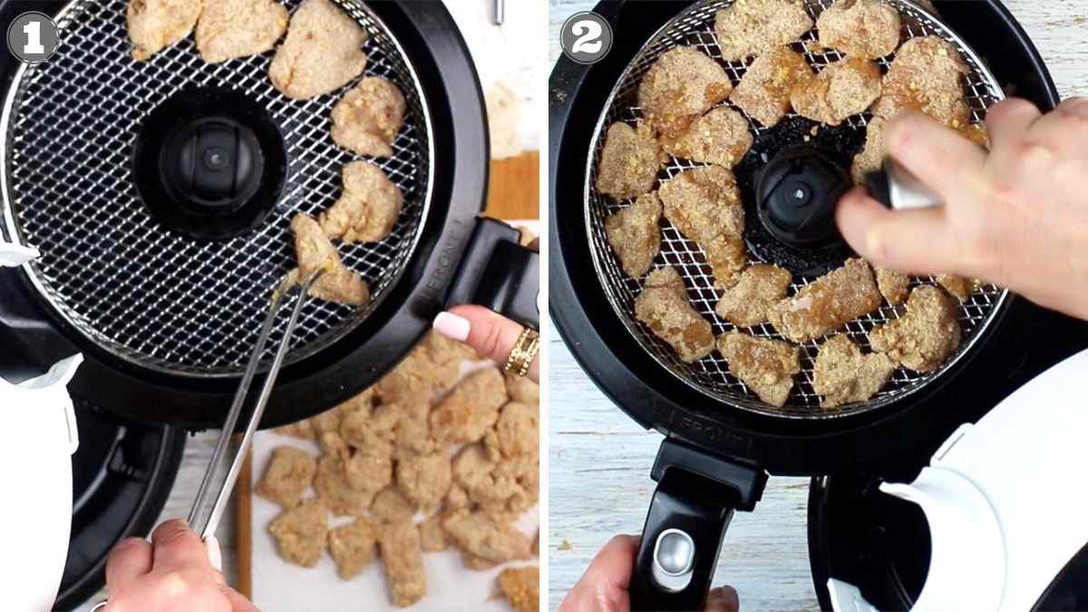 Two images show breadcrumb-coated pieces being placed in an air fryer basket using tongs (left) and being sprayed with oil spray (right).