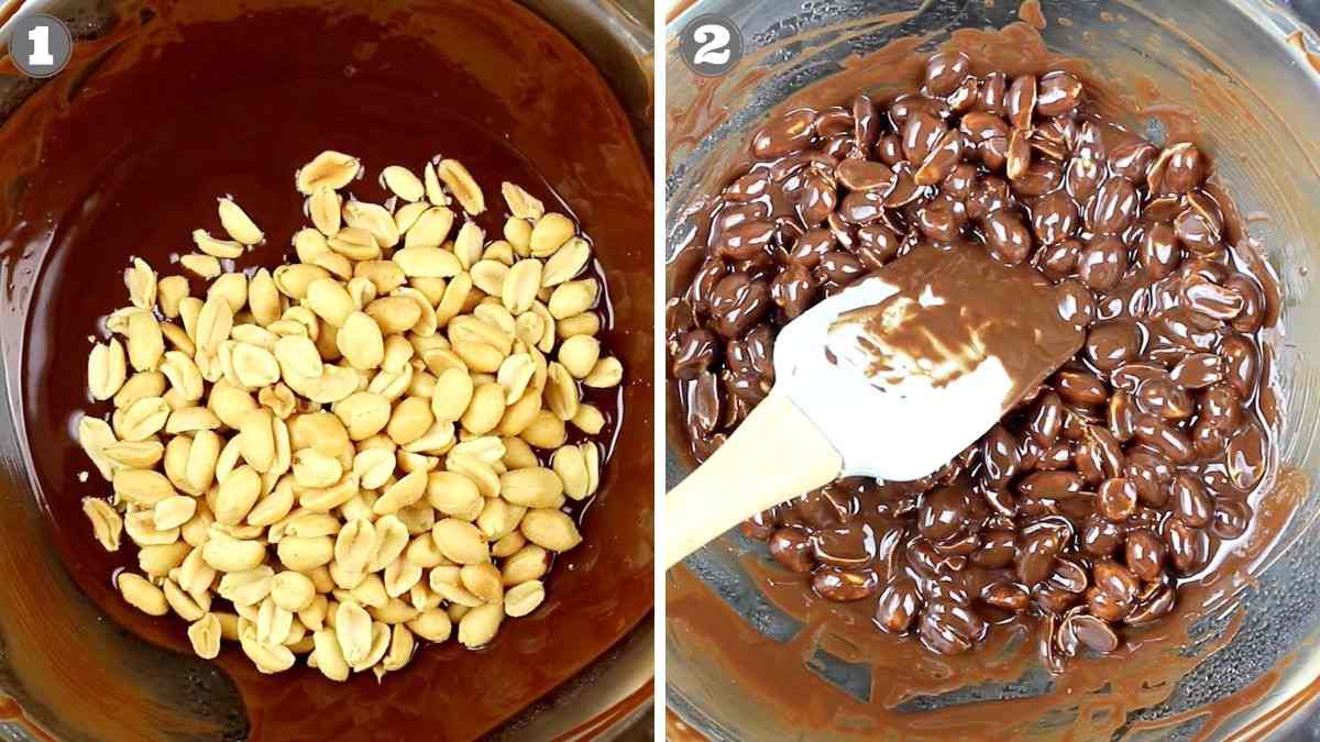 Step-by-step images showing peanuts being added to melted chocolate and then mixed with a spatula.