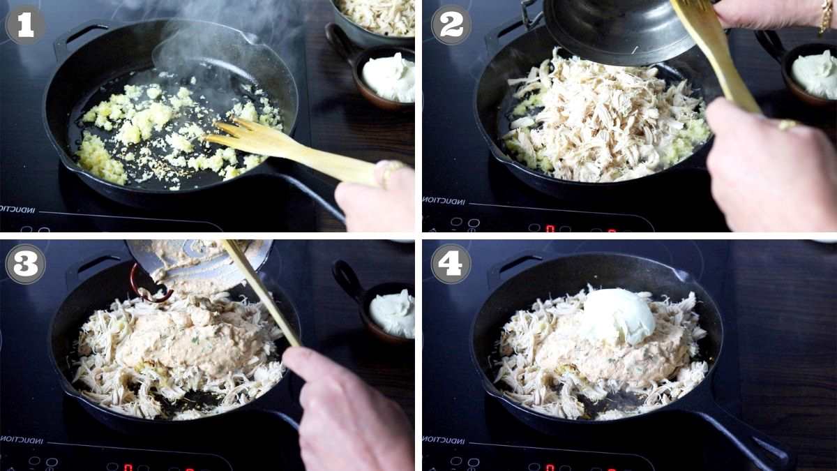 A four-step process showing adding minced garlic, shredded chicken, and a creamy mixture to a skillet on a stove.