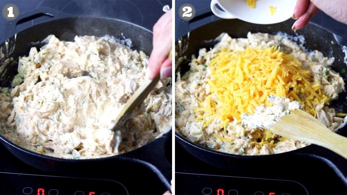 Two side-by-side images showing a skillet on a stovetop. Image 1: A person stirring a creamy mixture. Image 2: The person adding shredded cheese to the mixture.