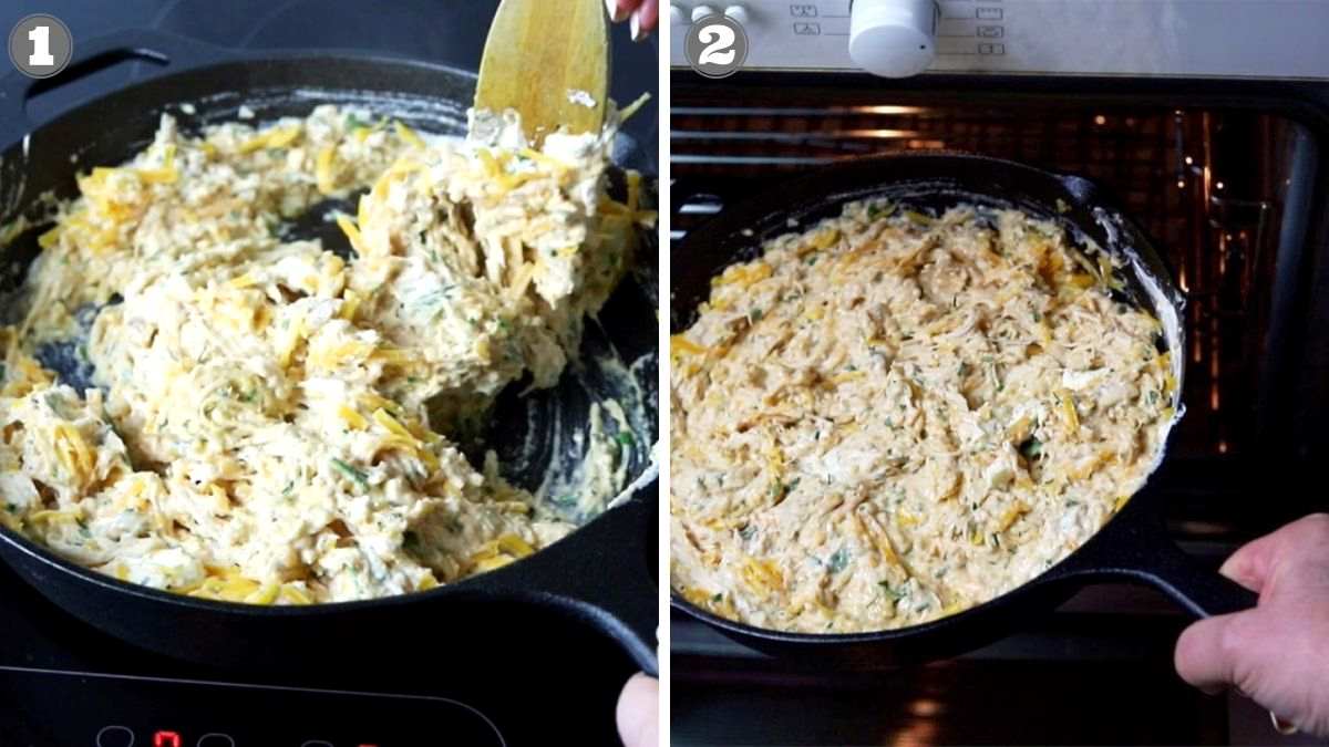 Two images show the preparation of a dish. The first image depicts stirring a mixture in a skillet, and the second image shows placing the skillet into an oven.