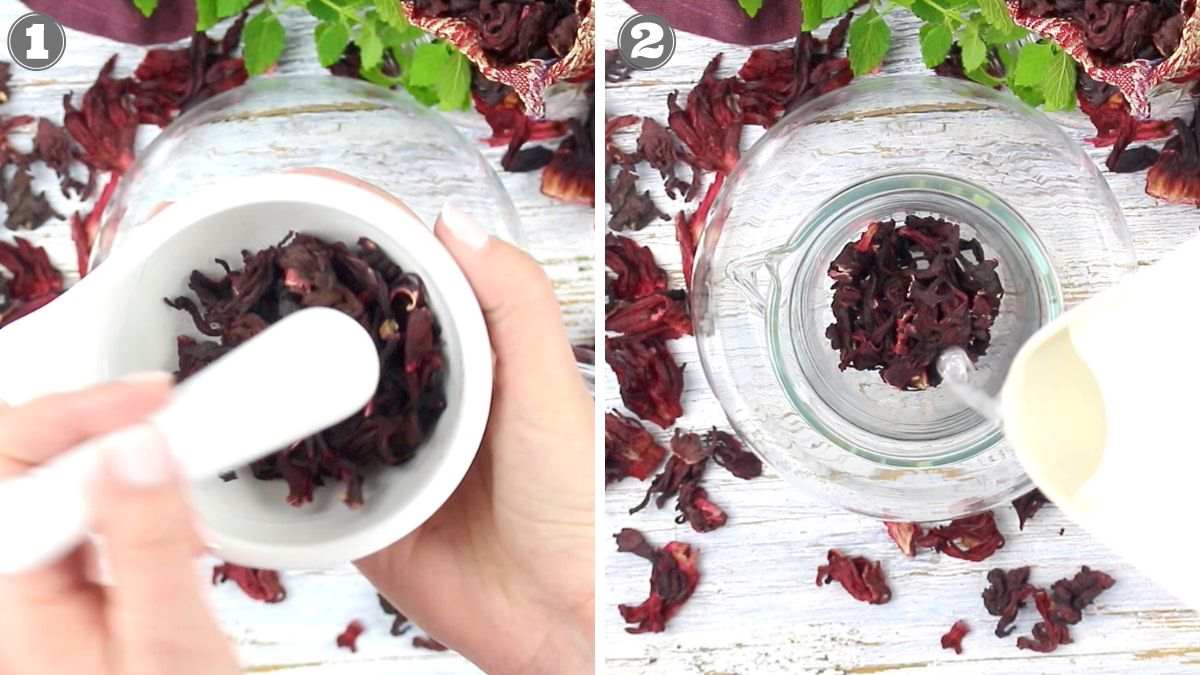 Two-step process: 1. A hand is crushing dried hibiscus flowers in a mortar. 2. The crushed hibiscus is placed in a jug, and a liquid is being poured over it.