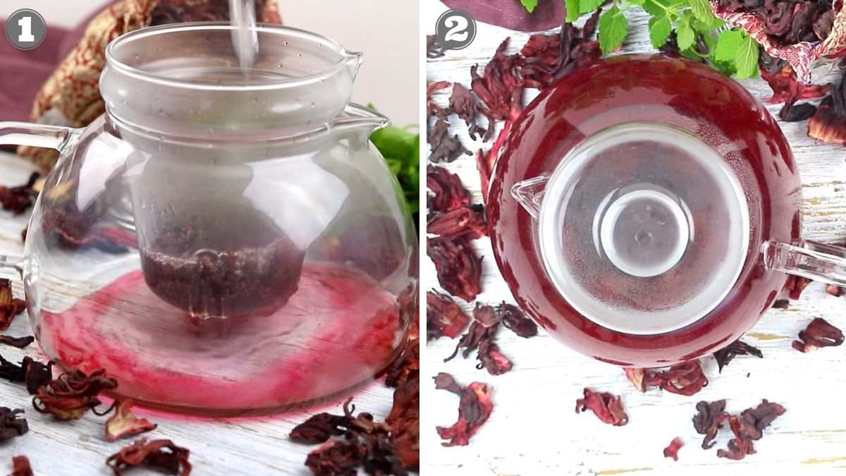 Glass teapot being filled with water over dried hibiscus flowers (left), and a top view of the teapot with brewed hibiscus tea surrounded by dried flowers (right).