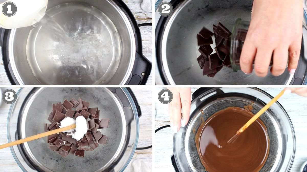 Steps to melt chocolate: 1) Water in a pot. 2) Chocolate pieces added to a bowl above the pot. 3) Coconut oil added to the chocolate. 4) Melted chocolate stirred with a wooden stick.