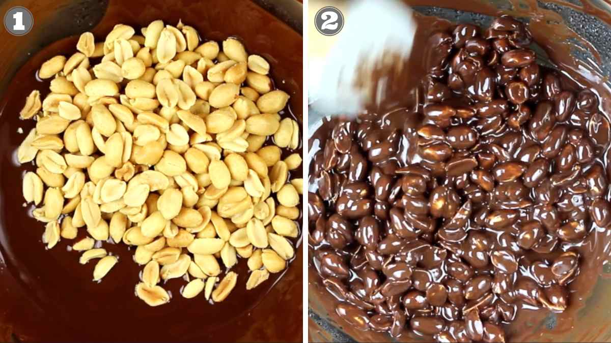 Side-by-side images show a bowl with peanuts being added to melted chocolate on the left, and the mixed chocolate-covered peanuts in the bowl on the right.