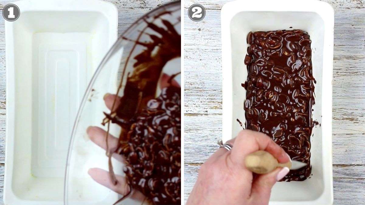 Two-step process of making chocolate bark: Image 1 shows chocolate being poured into a white mold, Image 2 shows a hand spreading the chocolate evenly in the mold with a spoon.