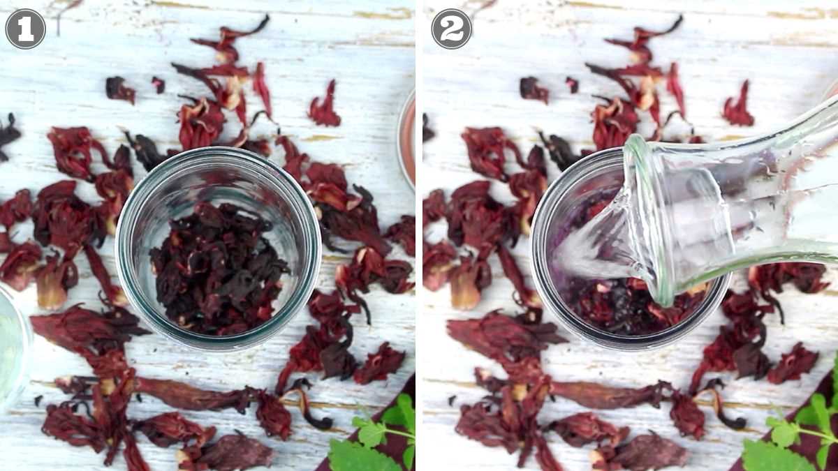 Two-step process for hibiscus iced tea preparation. Step 1: Dried hibiscus petals in a glass jar. Step 2: Water being poured into the jar containing the hibiscus petals.