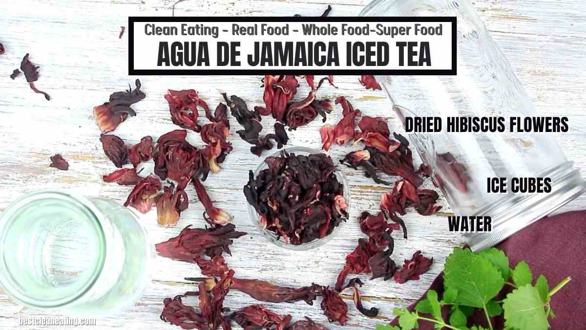 Image showing dried hibiscus flowers, a jar of water, and ice cubes. Text at the top reads "Clean Eating - Real Food - Whole Food - Super Food. Agua de Jamaica Iced Tea." Labels point to each ingredient.