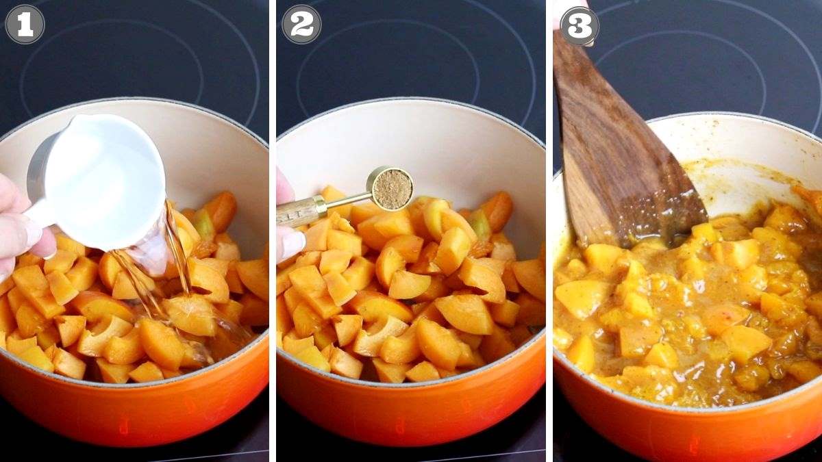 Three-step cooking process for preparing a fruit mixture: 1. Adding liquid to diced fruit in a pot, 2. Adding a spoonful of spice, 3. Stirring the mixture as it cooks.