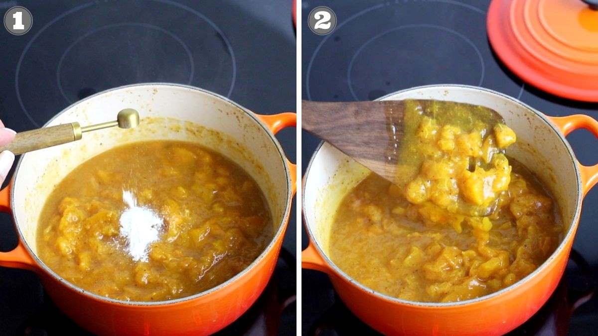 Two-image collage showing a cooking process of making apricot preserves.