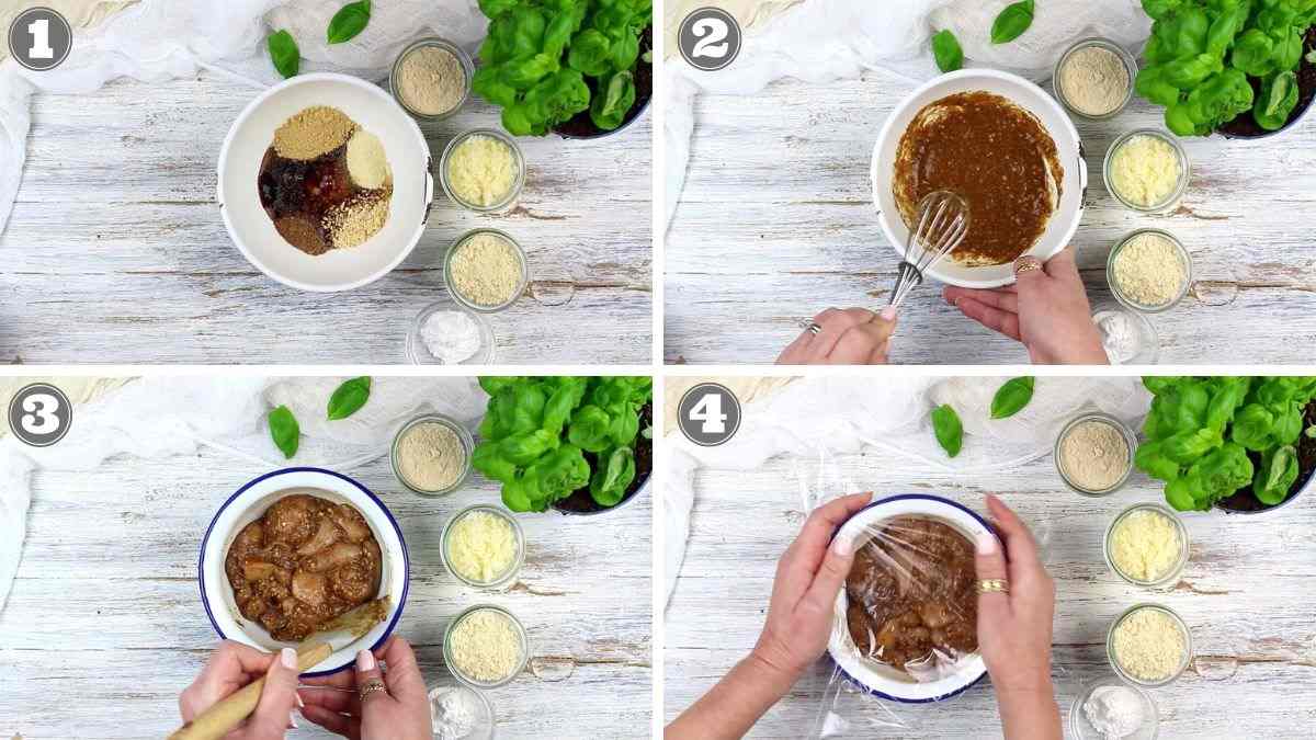 Four-step process to marinate chicken: 1. Combine spices in bowl. 2. Mix ingredients with whisk. 3. Add chicken to mixture. 4. Cover bowl with plastic wrap for marination.