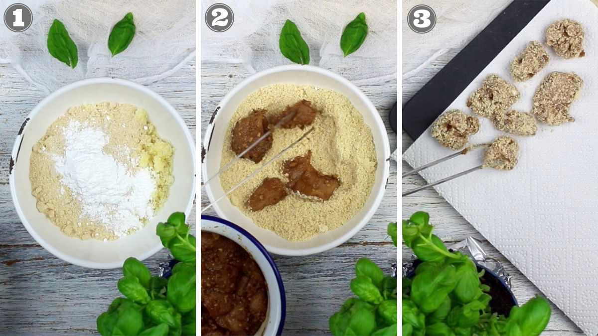 Three-step process of coating and frying food: 1) Mixing dry ingredients in a bowl, 2) Dipping food pieces in the mixture, 3) Finished coated pieces drying on paper towels. Basil leaves placed for decoration.