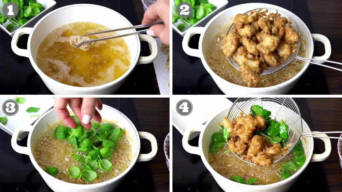 Frying chicken in a white pot of oil. They add chicken piece by piece (1), remove the fried pieces (2), add basil leaves (3), and finally remove the basil (4).