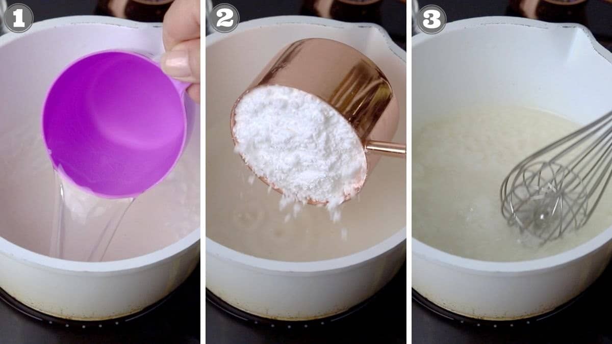 Step-by-step process of adding ingredients into a pot: 1) Pouring liquid, 2) Adding a cup of powder, 3) Mixing the contents with a whisk.