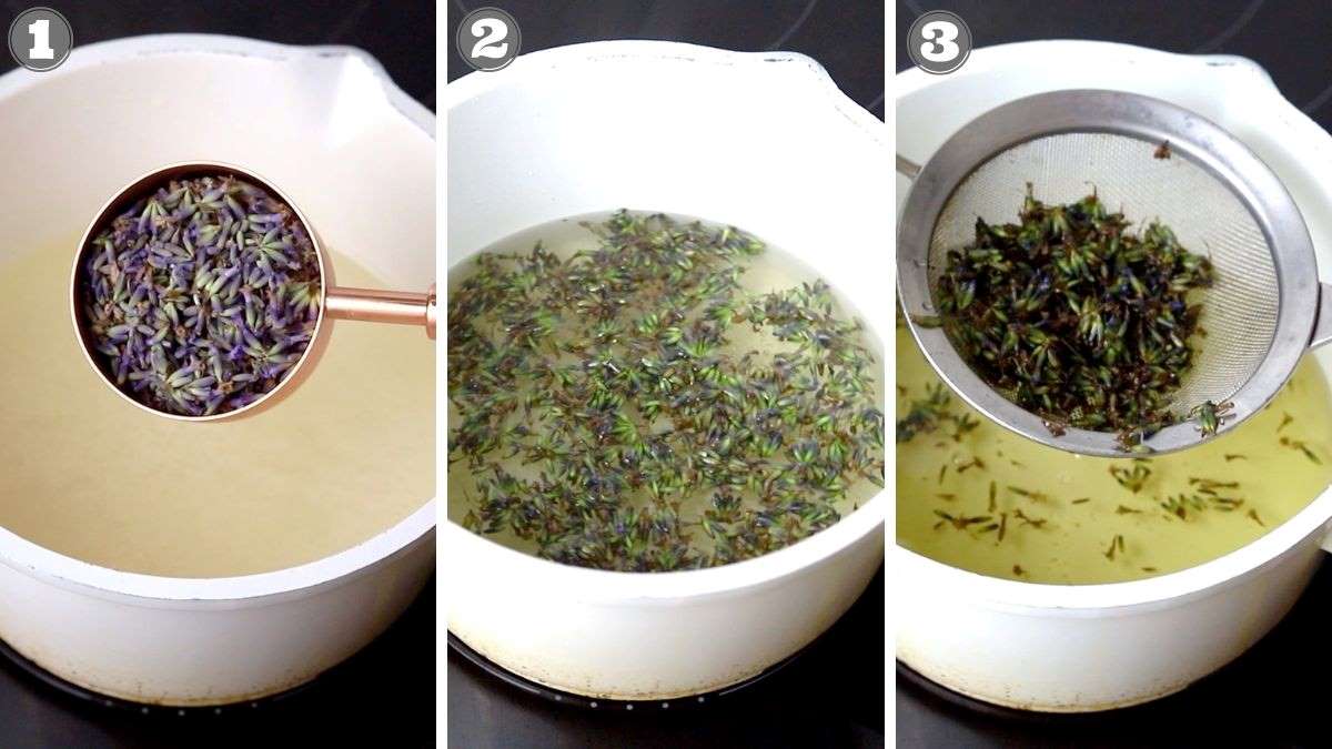 Three-step process of infusing lavender flowers into a syrup in a white pot, then straining the flowers out with a mesh strainer. Steps are indicated by numbered labels from 1 to 3.