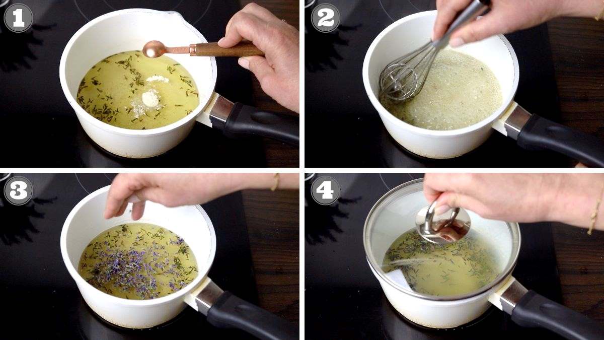 A four-step process illustrating the making lavender syrup in a saucepan, including adding ingredients, whisking, simmering with added herbs, and covering it with a lid.