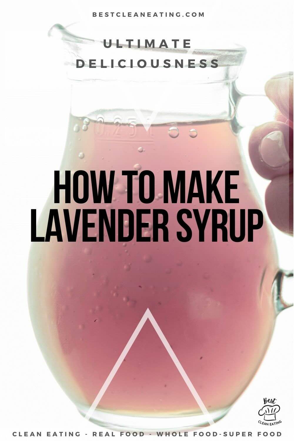 A hand holding a glass container filled with pink liquid, labeled "How to Make Lavender Syrup." The background text reads "Ultimate Deliciousness" with additional text promoting clean eating at the bottom.