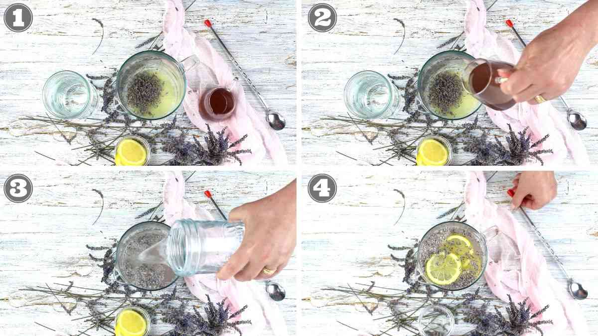 A four-step collage of making a lavender lemonade. Ingredients and tools include a glass with lavender, a bowl of water, lemon slices, a pitcher, a stirring spoon, and a small pitcher of liquid.