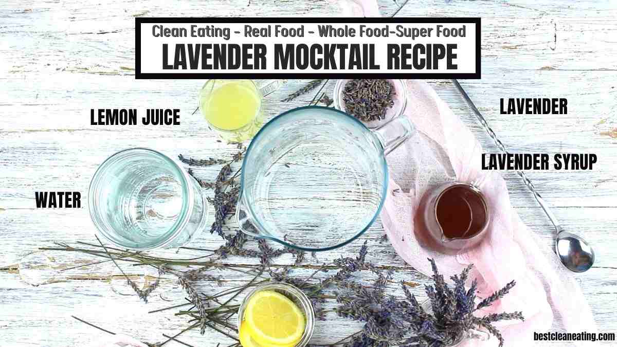 Top-down view of ingredients for a lavender mocktail recipe, including water, lemon juice, lavender syrup, and lavender flowers, displayed with labels.