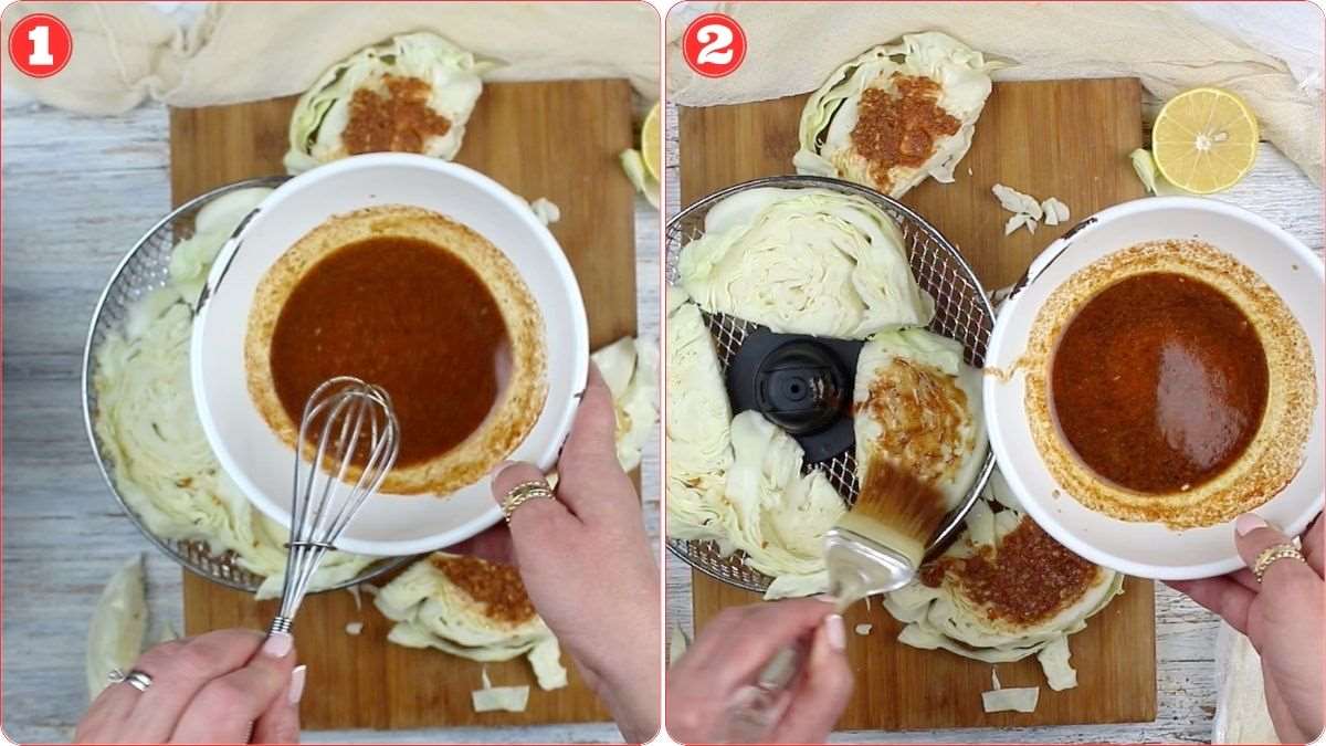 Hands holding a bowl of sauce shown pouring over sliced cabbage in an air fryer basket in two steps. A whisk and lemon are on the wooden cutting board.