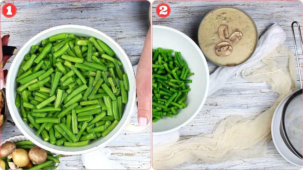 Two side-by-side images showing green beans in a strainer on the left and a bowl with green beans and a bowl of mushroom sauce on the right. Only hands are visible in the images.