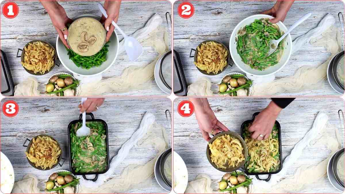 Four-step illustrated recipe showing a green bean casserole: combining green beans with sauce (steps 1 & 2), transferring to a baking dish (step 3), and topping with crispy onions before baking (step 4).