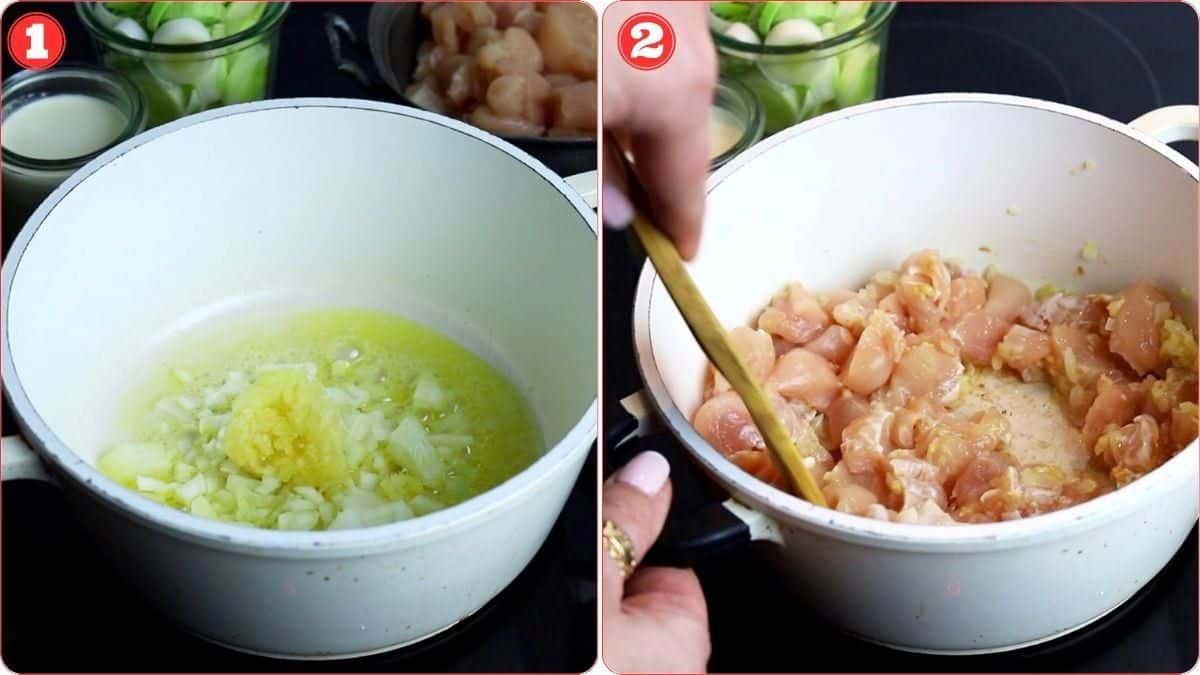 Step-by-step cooking process: Image 1 shows chopped onions and minced garlic sautéing in a pot with butter. Image 2 shows diced chicken pieces being added and stirred into the onion-garlic mixture.