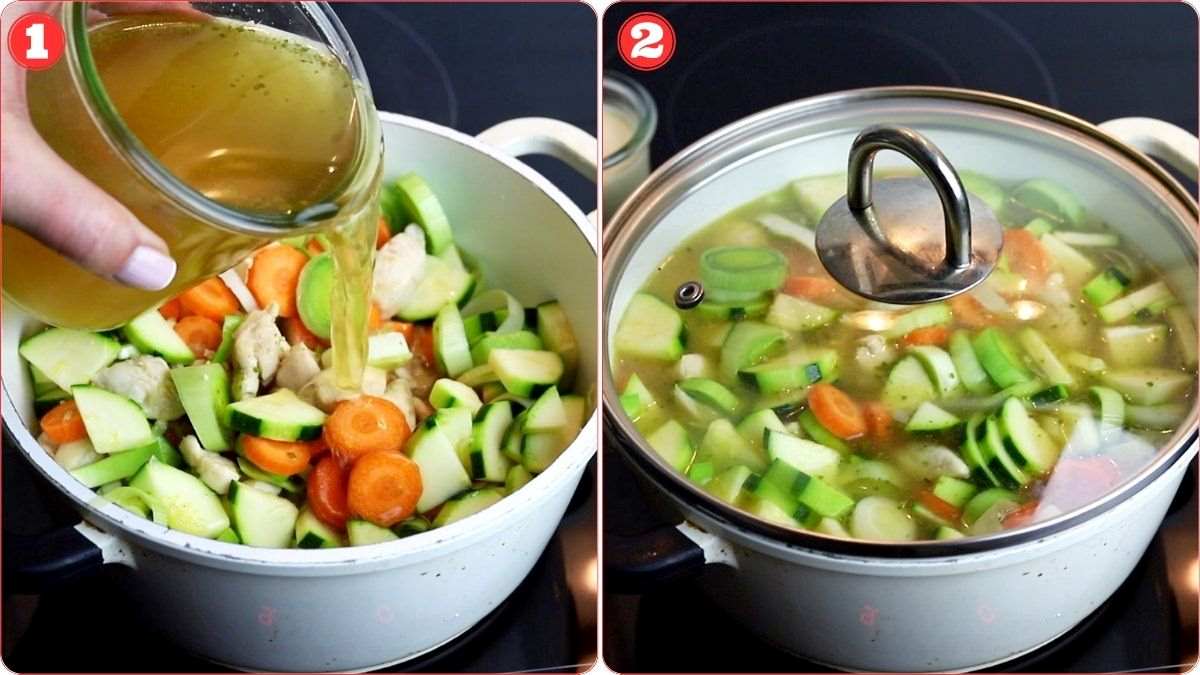 Step 1: A hand pours broth into a pot filled with chopped vegetables. Step 2: The pot is shown covered with a glass lid, cooking the vegetables and broth.