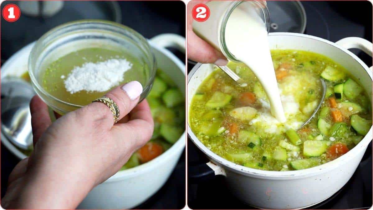 Two images show someone adding ingredients to a pot of vegetable soup. The first image has them holding a bowl of flour mixture. The second image depicts milk being poured into the soup.