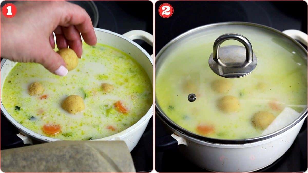 Two-panel image of a person adding a dough ball to a pot of soup in the left panel and the pot covered with a lid in the right panel. The soup contains vegetables and liquid.