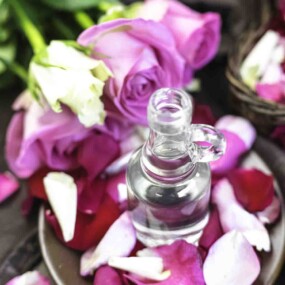 A bottle of homemade rose water.