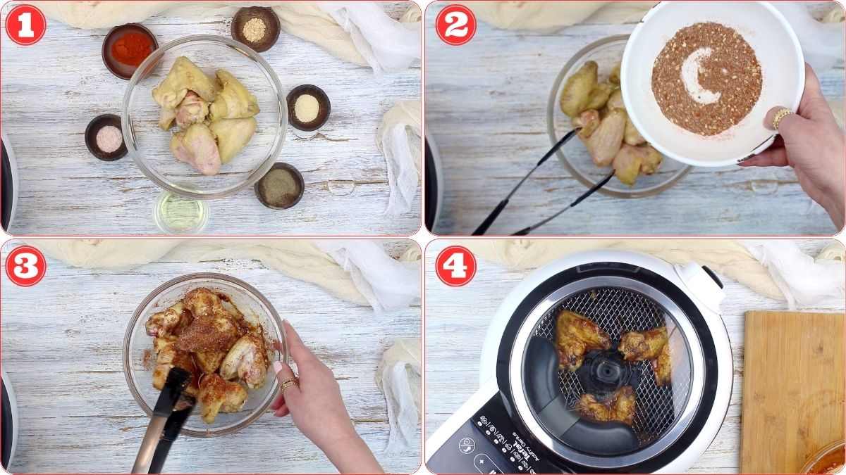 A four-step image collage showing: chicken wings in a bowl with seasonings (step 1), seasonings being added to the wings (step 2), the wings being mixed (step 3), and the wings in an air fryer (step 4).