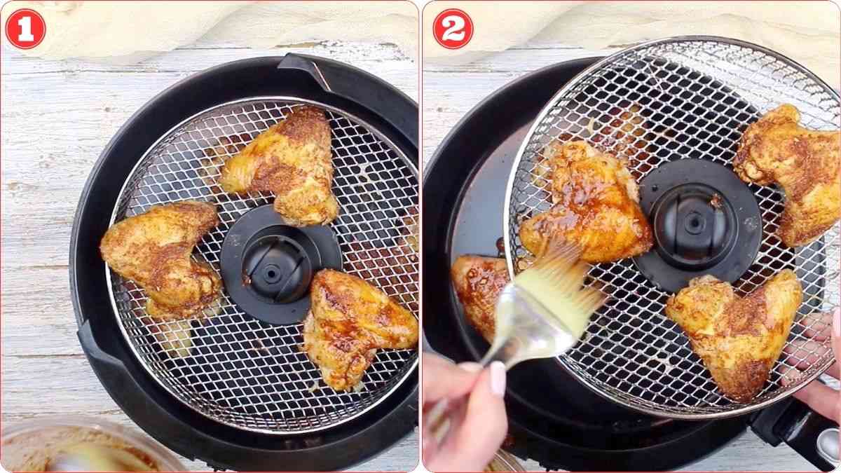 Two-image collage showing chicken being cooked in an air fryer. The first image shows seasoned chicken pieces placed inside the air fryer. The second image shows a person brushing sauce onto the chicken.