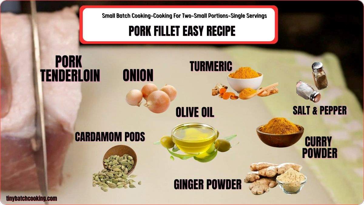 Image displaying ingredients for a pork fillet recipe: pork tenderloin, onion, turmeric, olive oil, salt & pepper, curry powder, ginger powder, and cardamom pods.