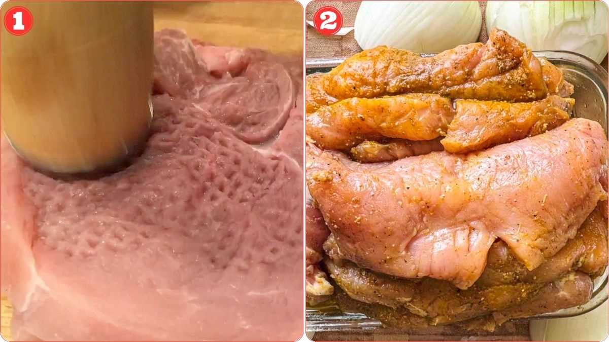 Image with two panels: 1. A mallet tenderizing raw meat. 2. Several pieces of marinated meat stacked in a container.