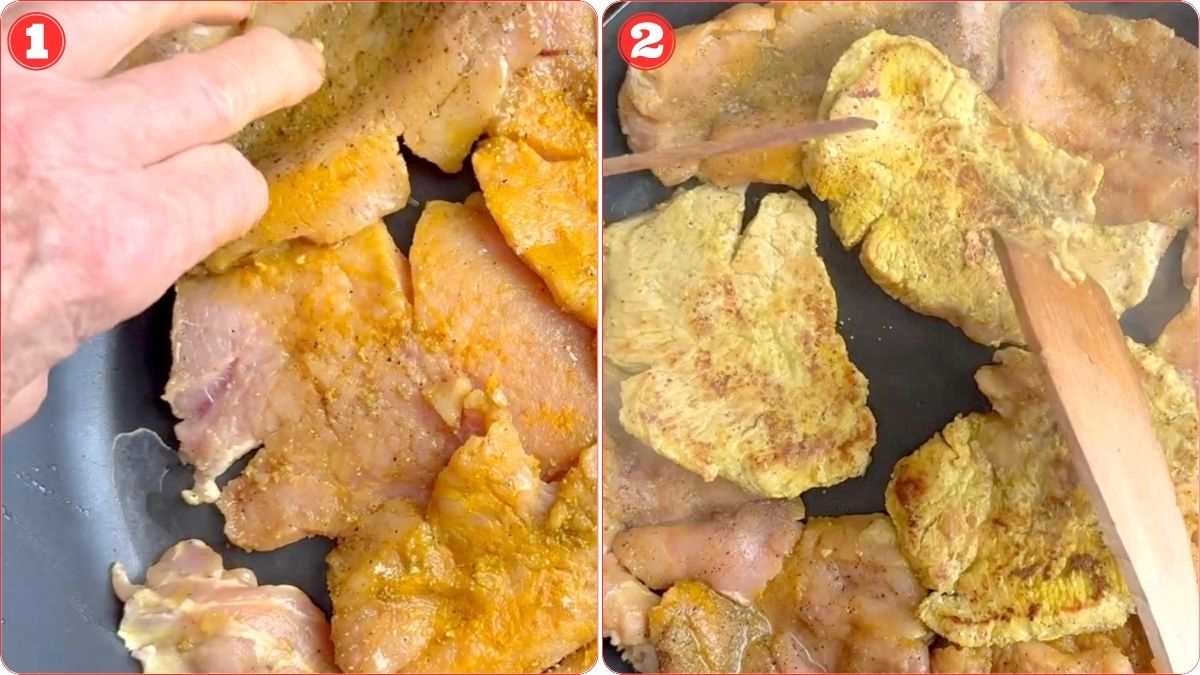 Two images showing the cooking process of seasoned chicken fillets in a skillet. Image 1 shows raw fillets being placed in the skillet; Image 2 shows fillets partially cooked and being turned.