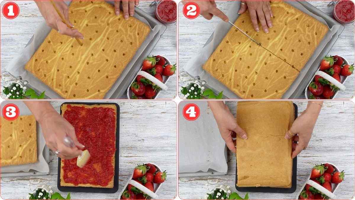 Steps for cutting the cake into two and adding a strawberry jam filling.
