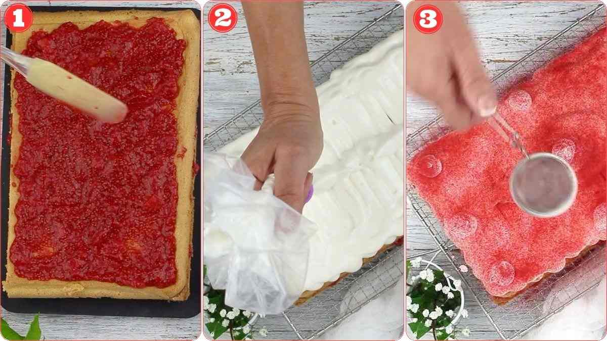 Finishing steps for strawberry sheet cake. Adding a white icing on top and sprinkling with strawberry powder using a small sieve.